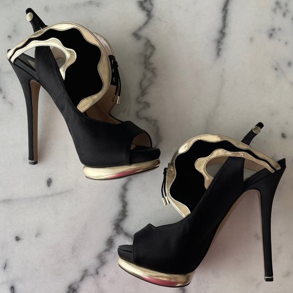 Nicholas Kirkwood Satin, Leather and Velvet Slingback Platform Sandals - Picture 7 of 12